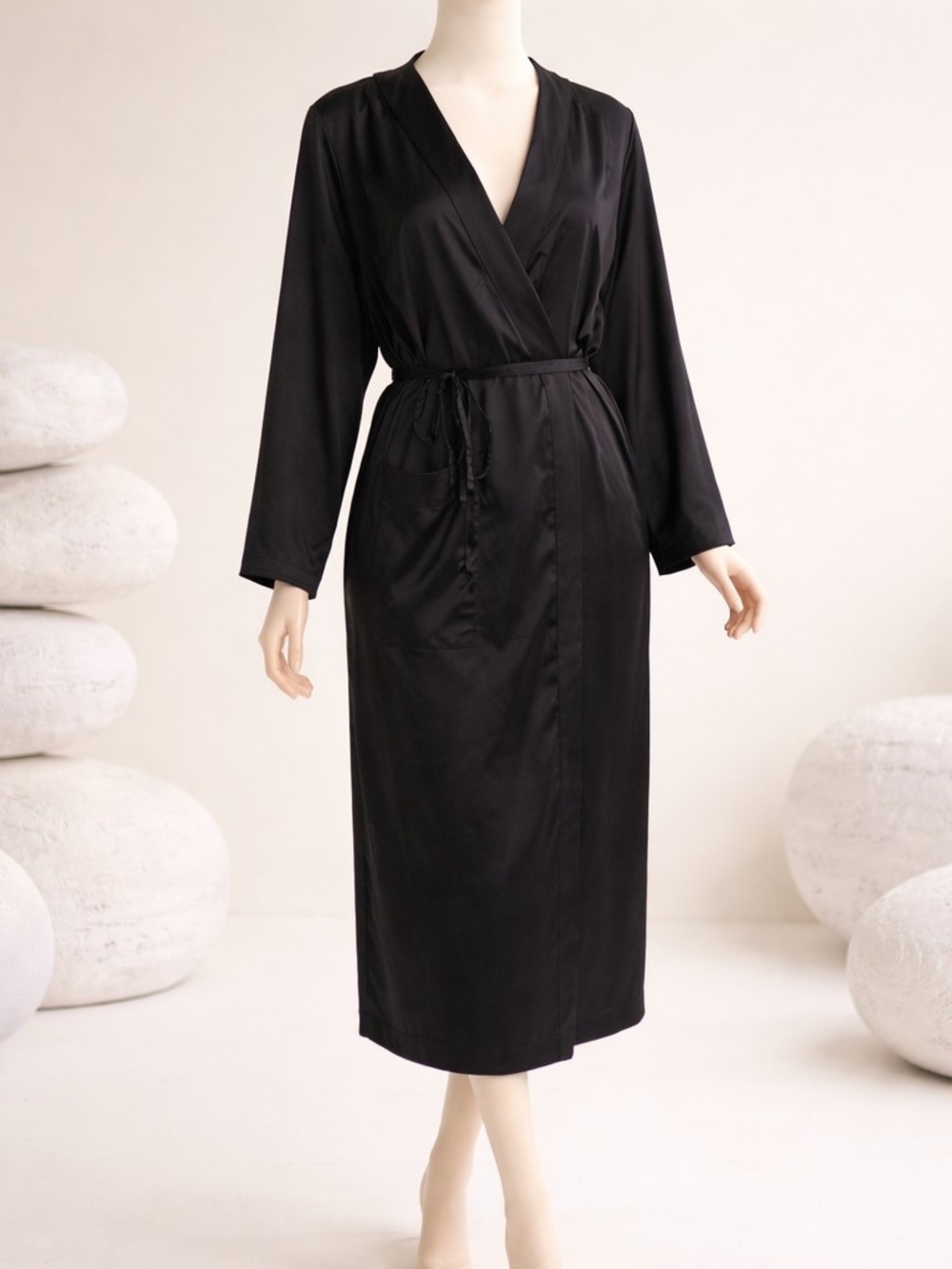 Zara Black Satin Wrap Robe with Tie Waist
